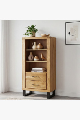 Niedriges Eichenregal mit Metallbeinen und Schubladen